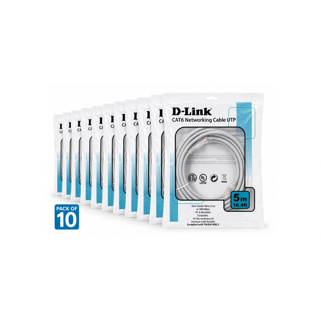 D-Link Cat6 UTP Ethernet Patch Cable 5 Meter Grey 24AWG RJ45 LAN Cable Pack of 10 (NCB-C6UGRYR1-5)