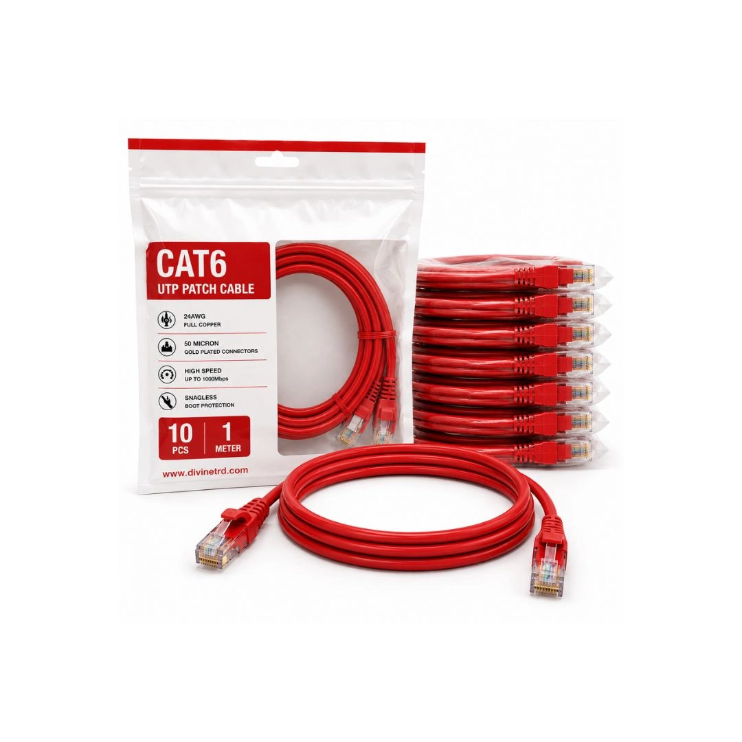 Cat6 UTP Patch Cable 1 Meter RED – 24AWG Full Copper, 50 Micron Gold Plated RJ45, Pack of 10