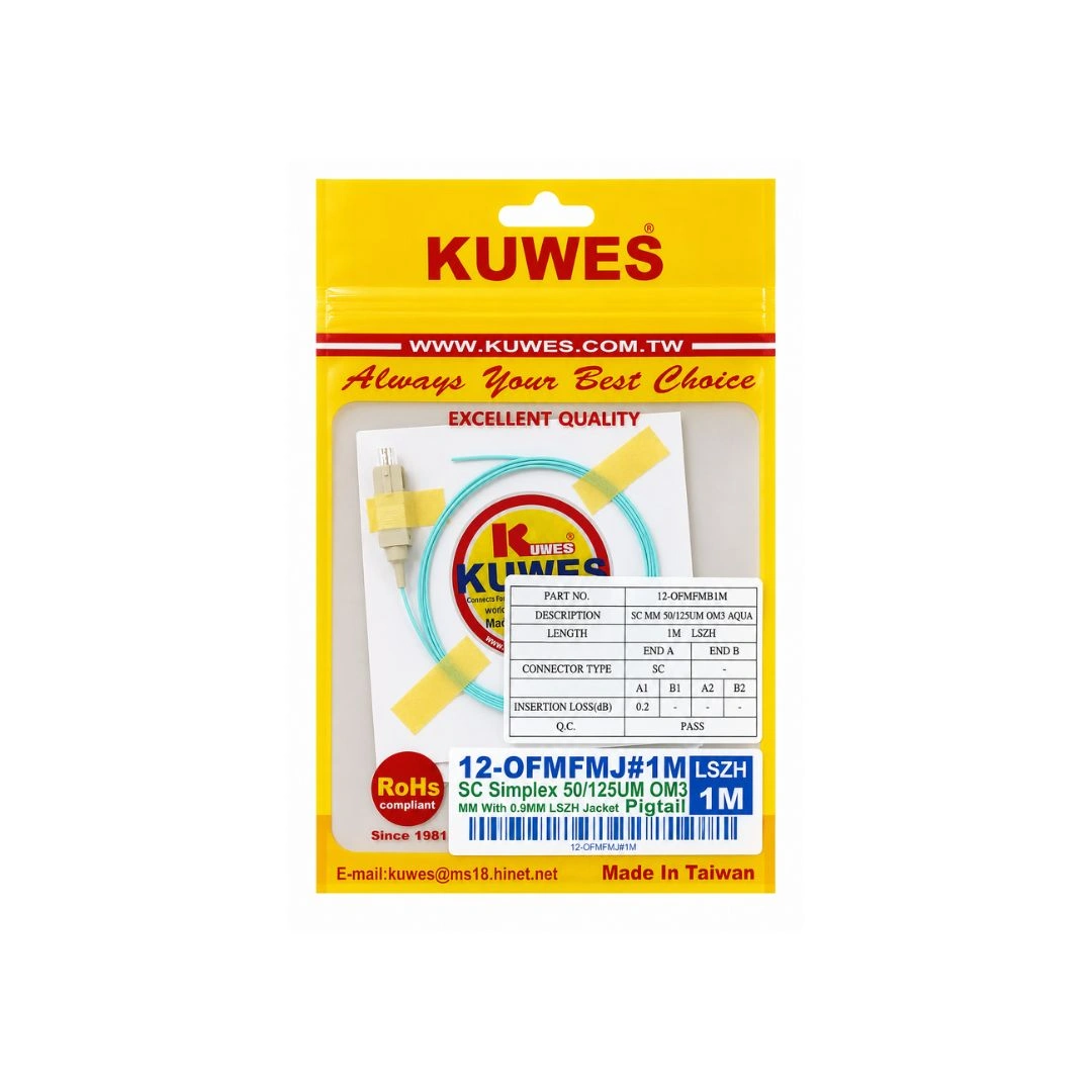 KUWES SC OM3 Simplex Fiber Pigtail 1M LSZH – 50/125µm Aqua