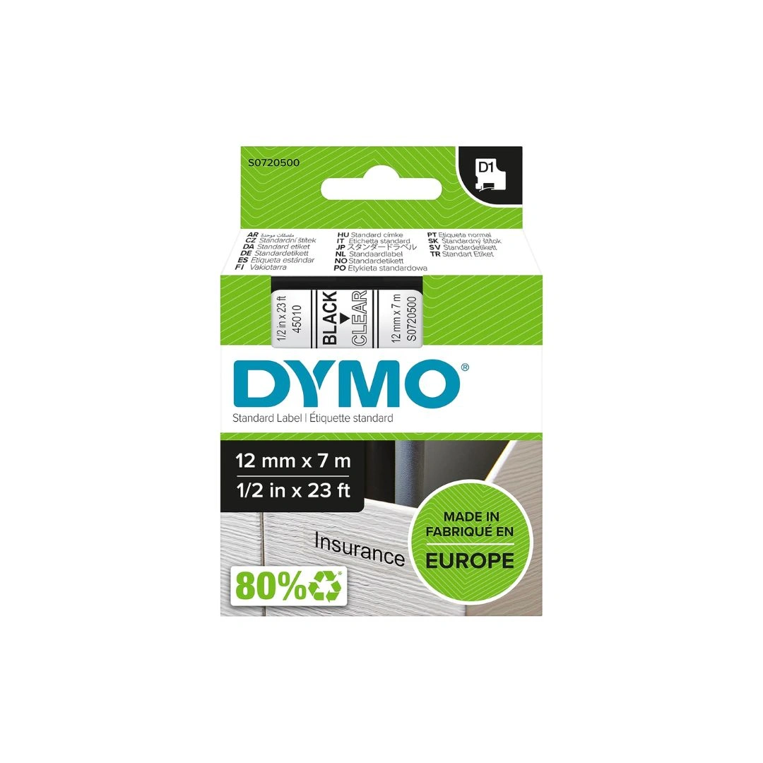 DYMO 45010 D1 Label Tape 12mm Black on Transparent