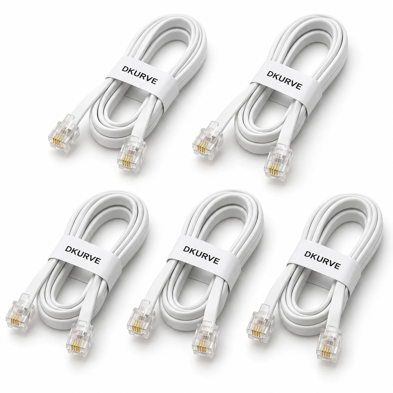 DKURVE Handmade RJ11 Telephone Extension Cable 0.5 m – 6P4C Male-to-Male Landline Cord, Pack of 5