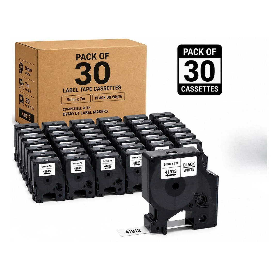 Pack of 30 – Compatible Label Tape for DYMO 41913 – 9mm × 7m Black on White