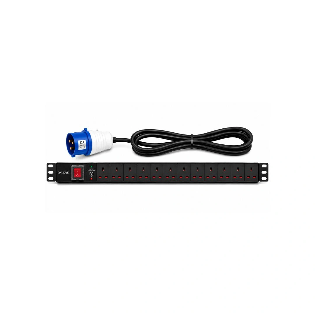 DKURVE® 12-Way UK Vertical PDU with 32A Industrial Plug, Surge Protection, 8000W, 0U Rack Mount, 2.5M Cable