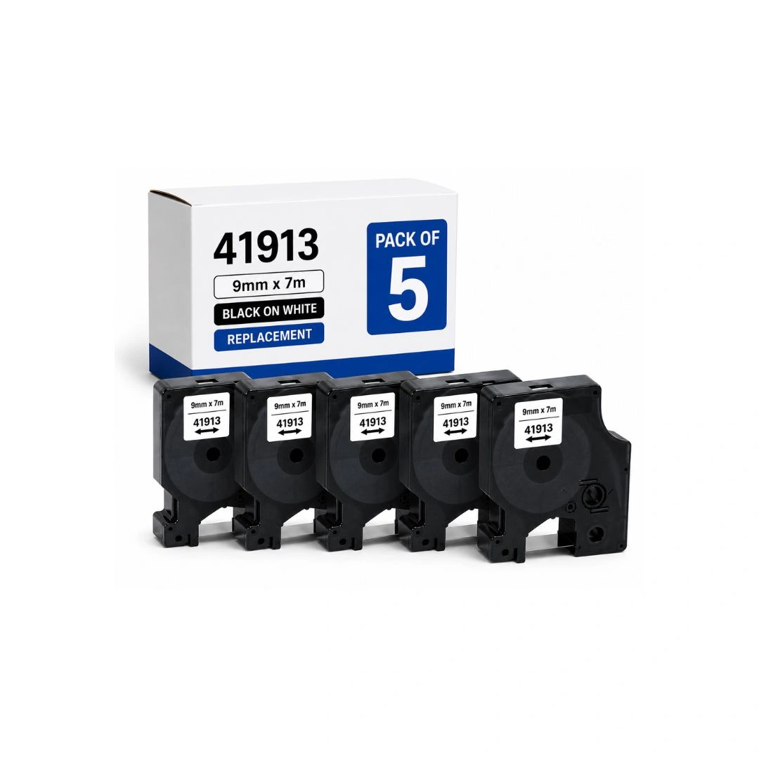 Pack of 5 – Compatible Label Tape for DYMO 41913 – 9mm × 7m Black on White