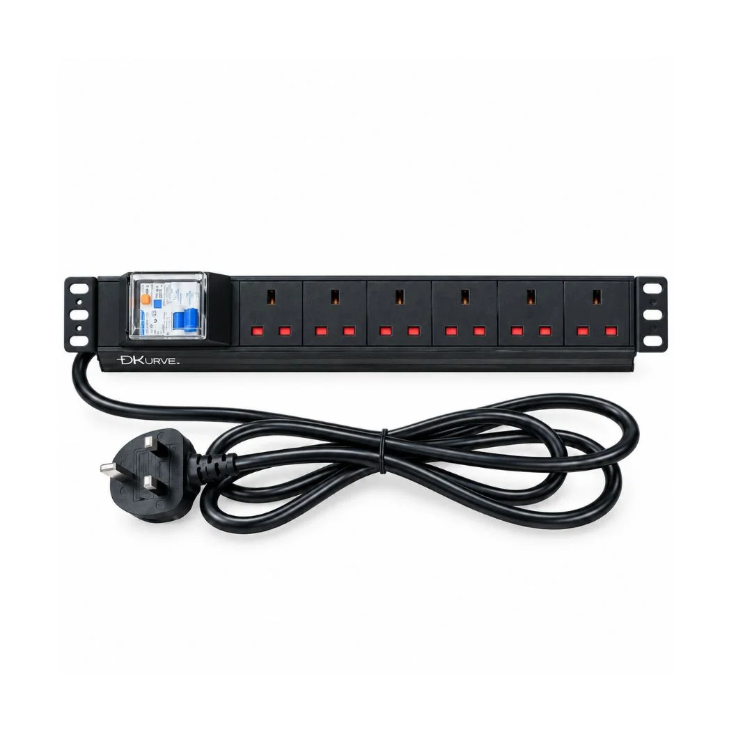 DKURVE® 6-Way UK PDU with RCD & Circuit Breaker – 19″ Rack Mount, 13A