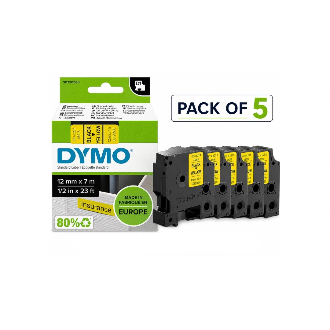 Pack of 5 Genuine DYMO 45018 D1 Label Tape 12mm x 7m Black on Yellow for LabelManager Label Printers