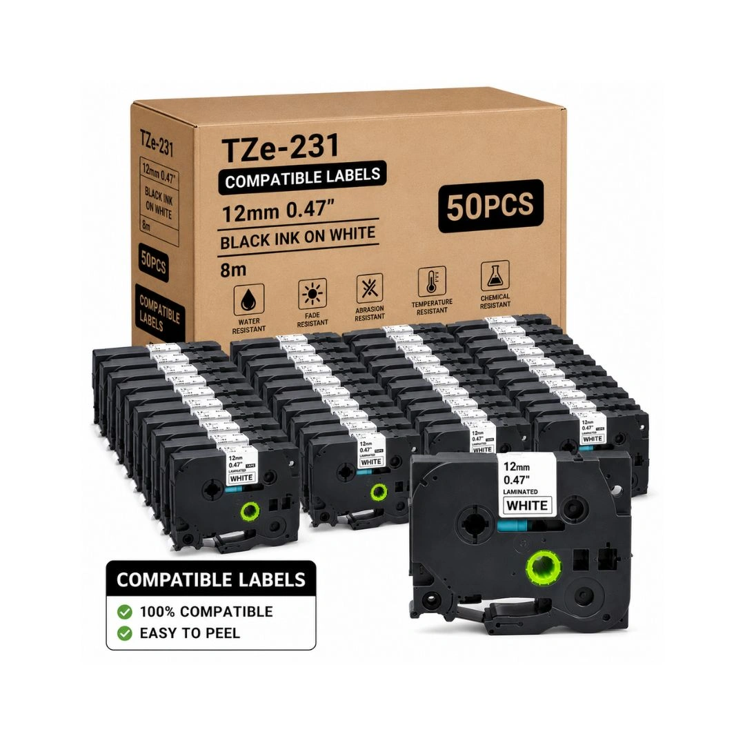 50-Pack Compatible Brother Te-231 Label Tape 12mm x 8m – Black on White