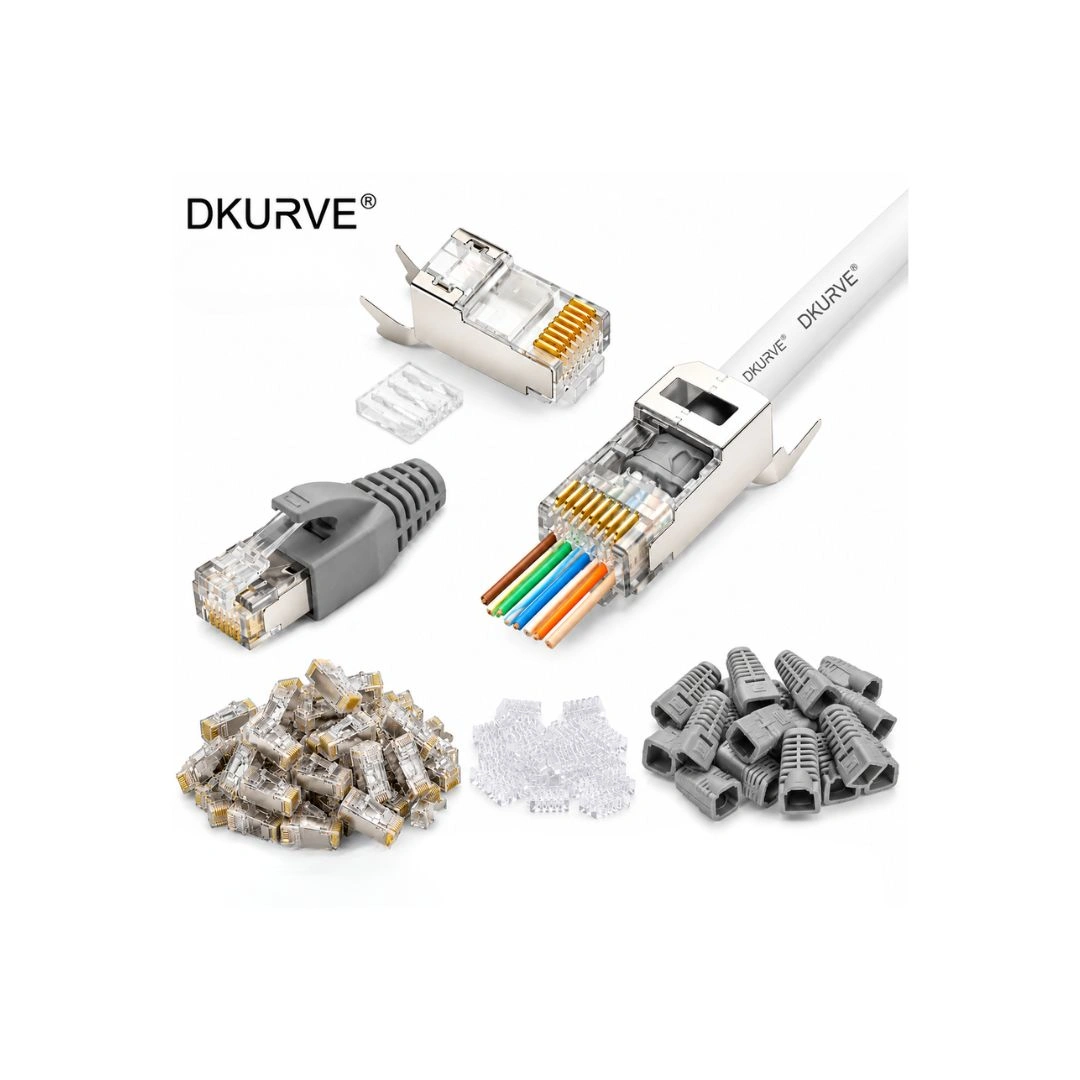 DKURVE Cat7/Cat6A Shielded RJ45 Pass-Through Connectors 30 Pack Grey Boots