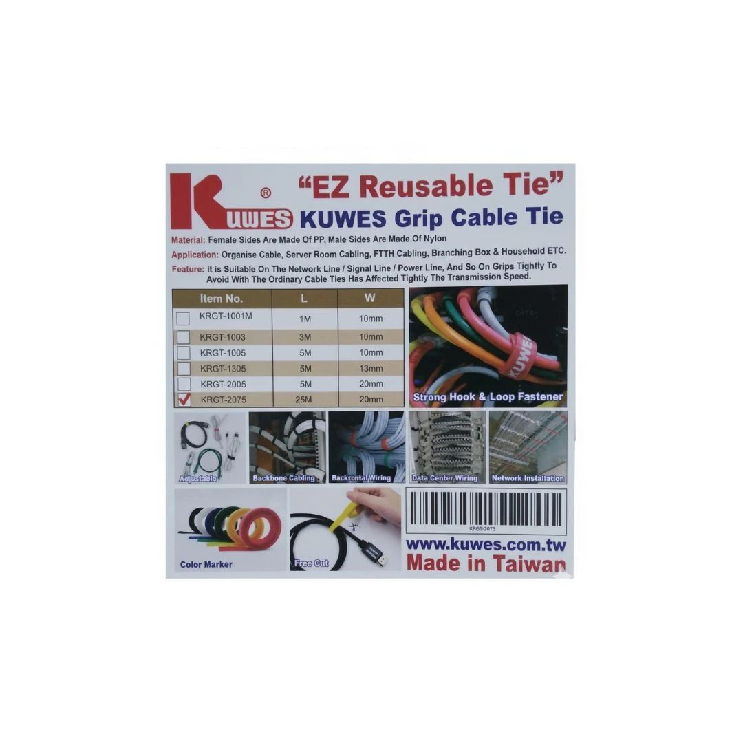 KUWES Velcro EZ Reusable Grip Cable Tie 20mm × 25m Roll