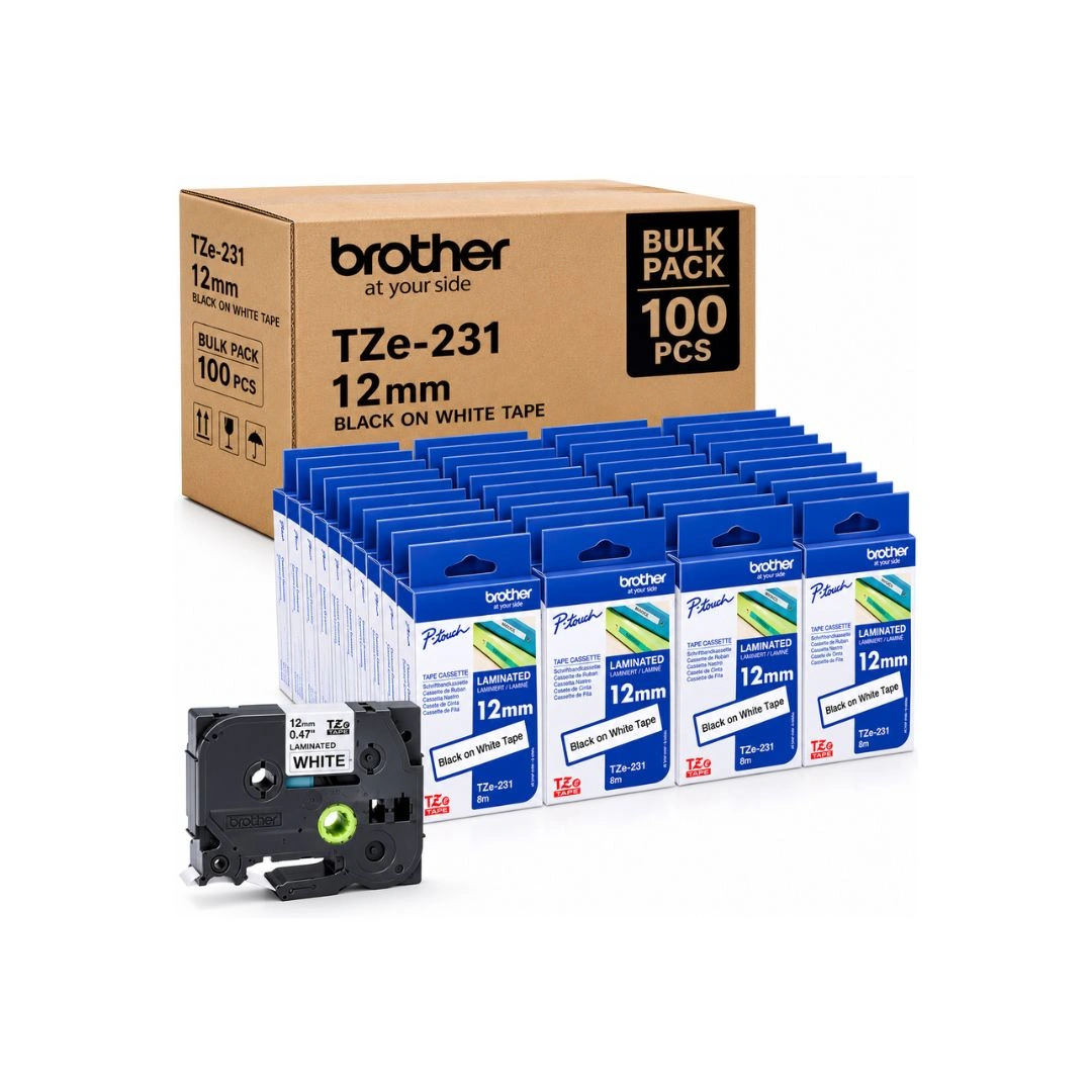 Pack of 100 Brother TZe-231 12mm Black on White Laminated Label Tapes