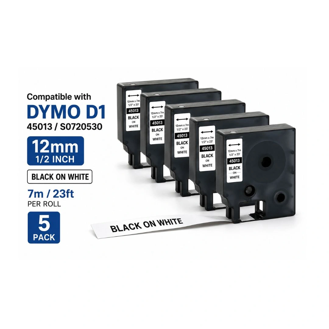 Compatible Label Tape for DYMO 45013 / S0720530 – 12mm × 7m Black on White – Pack of 5