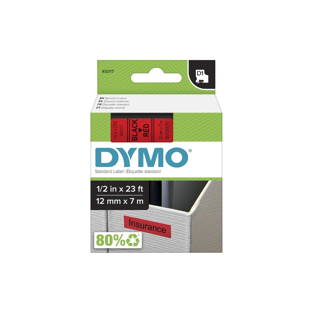 Original DYMO D1 45017 12mm x 7m Label Tape Black on Red