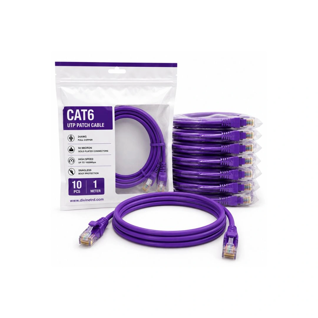 Cat6 UTP Patch Cable 1 Meter Purple – 24AWG Full Copper, 50 Micron Gold Plated RJ45, Pack of 10