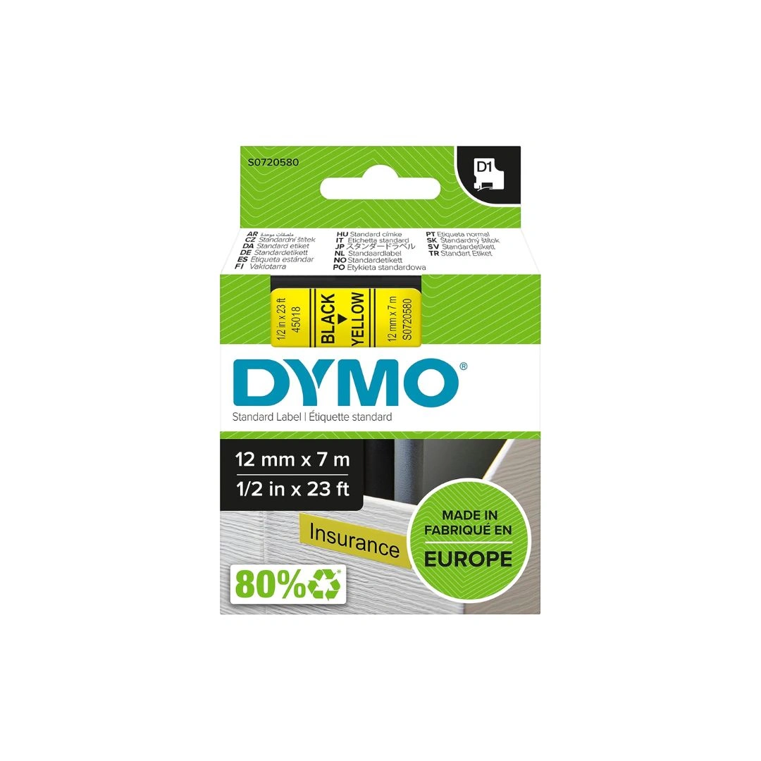 Original DYMO D1 12mm x 7m Label Tape Black on Yellow – Genuine DYMO Cassette