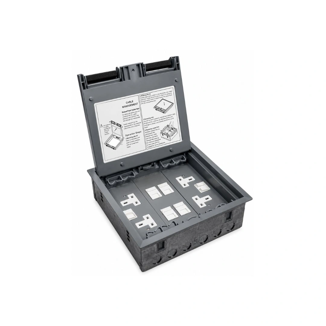 DKURVE Raised Floor Outlet Box 250x250x80mm – 4 Power & 24 Data Ports