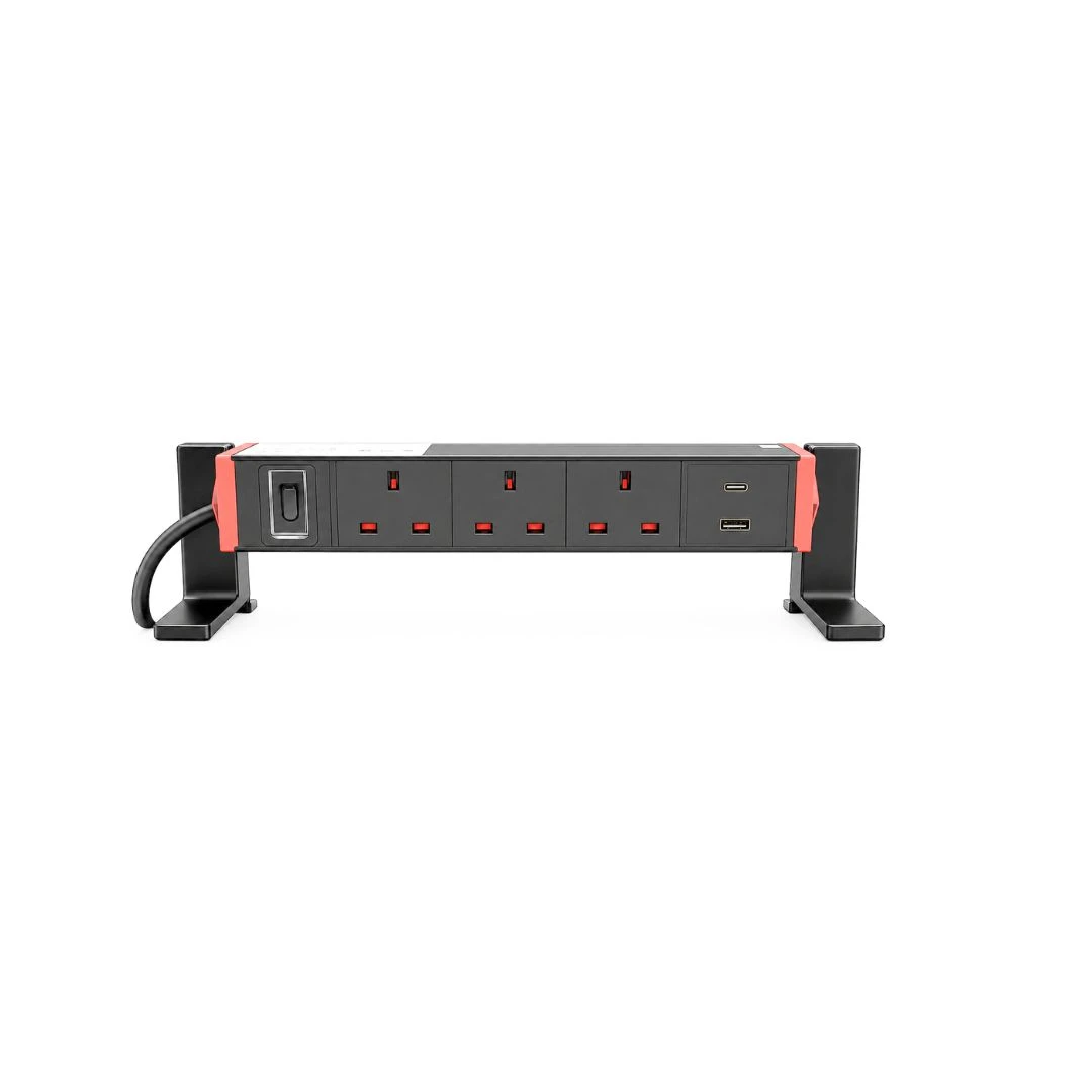 DKURVE Rotating Desktop Power Hub – 3 UK Power Sockets with USB-A & USB-C, Adjustable Table Power Module for Conference Rooms, Offices & Workstations