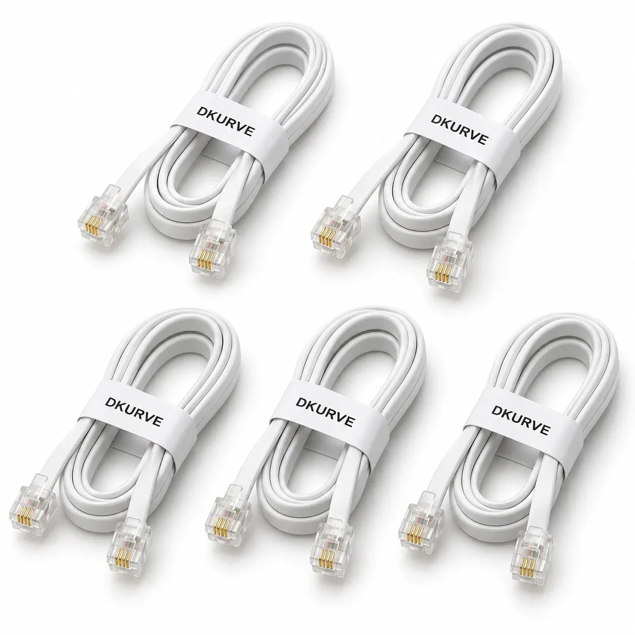 DKURVE Handmade RJ11 Telephone Extension Cable 0.5 m – 6P4C Male-to-Male Landline Cord, Pack of 5