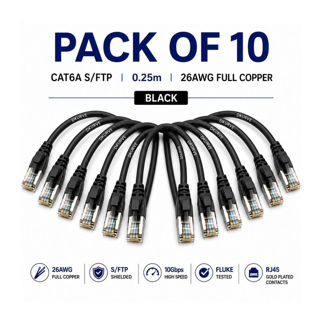 CAT6A S/FTP Shielded Patch Cord 0.25m – 26AWG Full Copper, Fluke Tested, Pack of 10 – Grey / Black