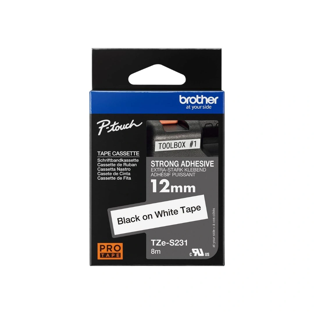 Brother TZe-S231 12mm Strong Adhesive Black on White Tape