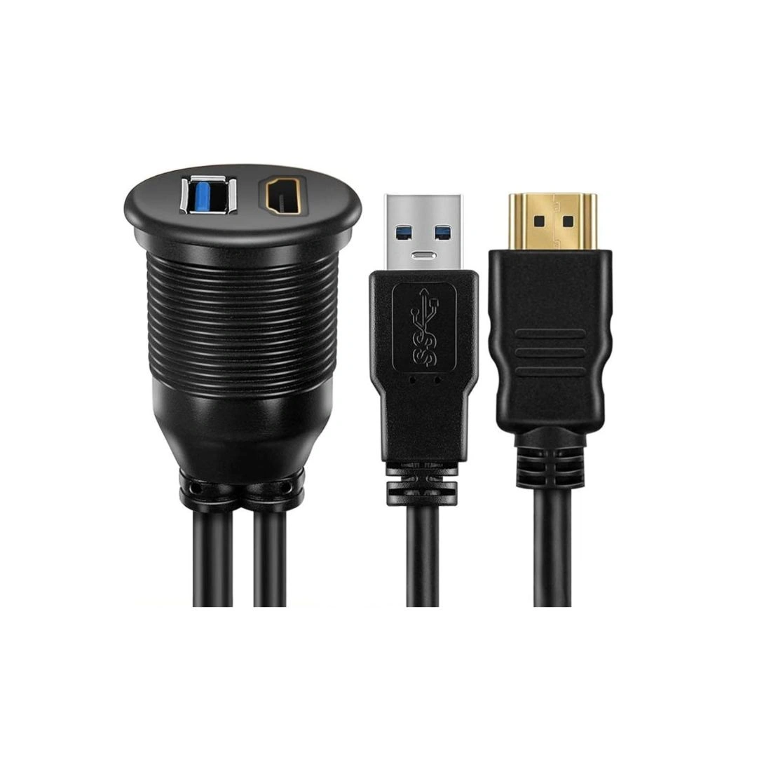 DKURVE USB 3.0 & HDMI Flush Mount Extension Cable 1M (3.3ft) – Dashboard Panel Mount USB + HDMI Extension Lead for Car, Boat, Yacht, Motorcycle & RV