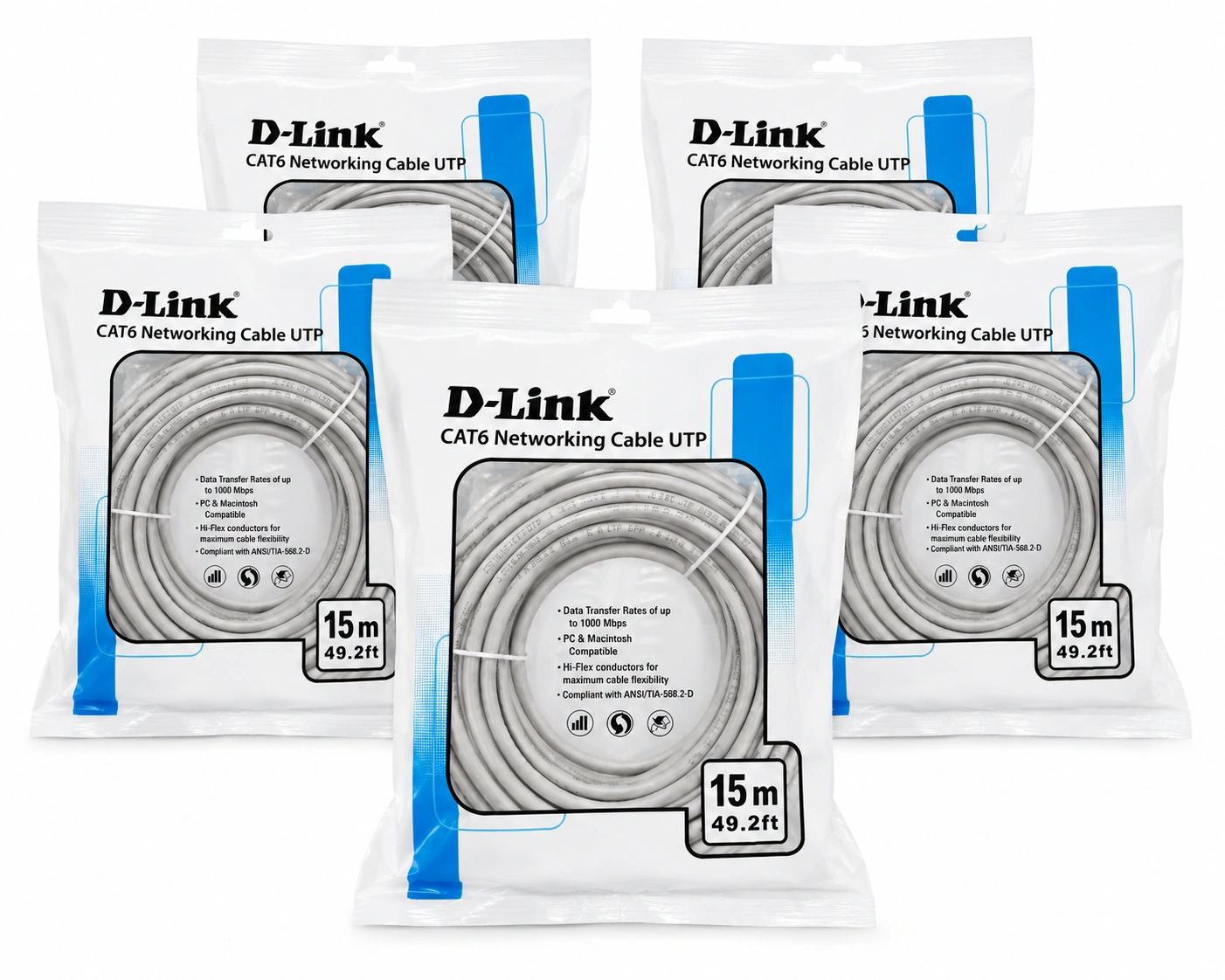 Pack of 5 D-Link Cat6 UTP Network Patch Cable 15M Grey – RJ45 Gigabit Ethernet LAN Cables