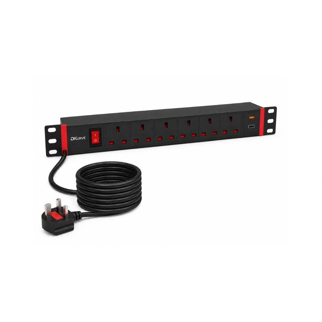 DKURVE 6-Way UK Rackmount PDU with USB-C | 13A 3250W 1U 19"