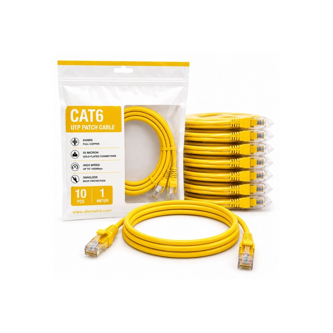 Cat6 UTP Patch Cable 1 Meter Yellow – 24AWG Full Copper, 50 Micron Gold Plated RJ45, Pack of 10