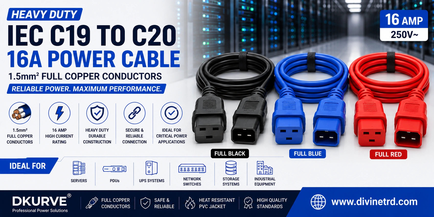 Heavy Duty IEC C19 to C20 16A Power Cable – 1.5mm² Full Copper | Blue, Red & Black
