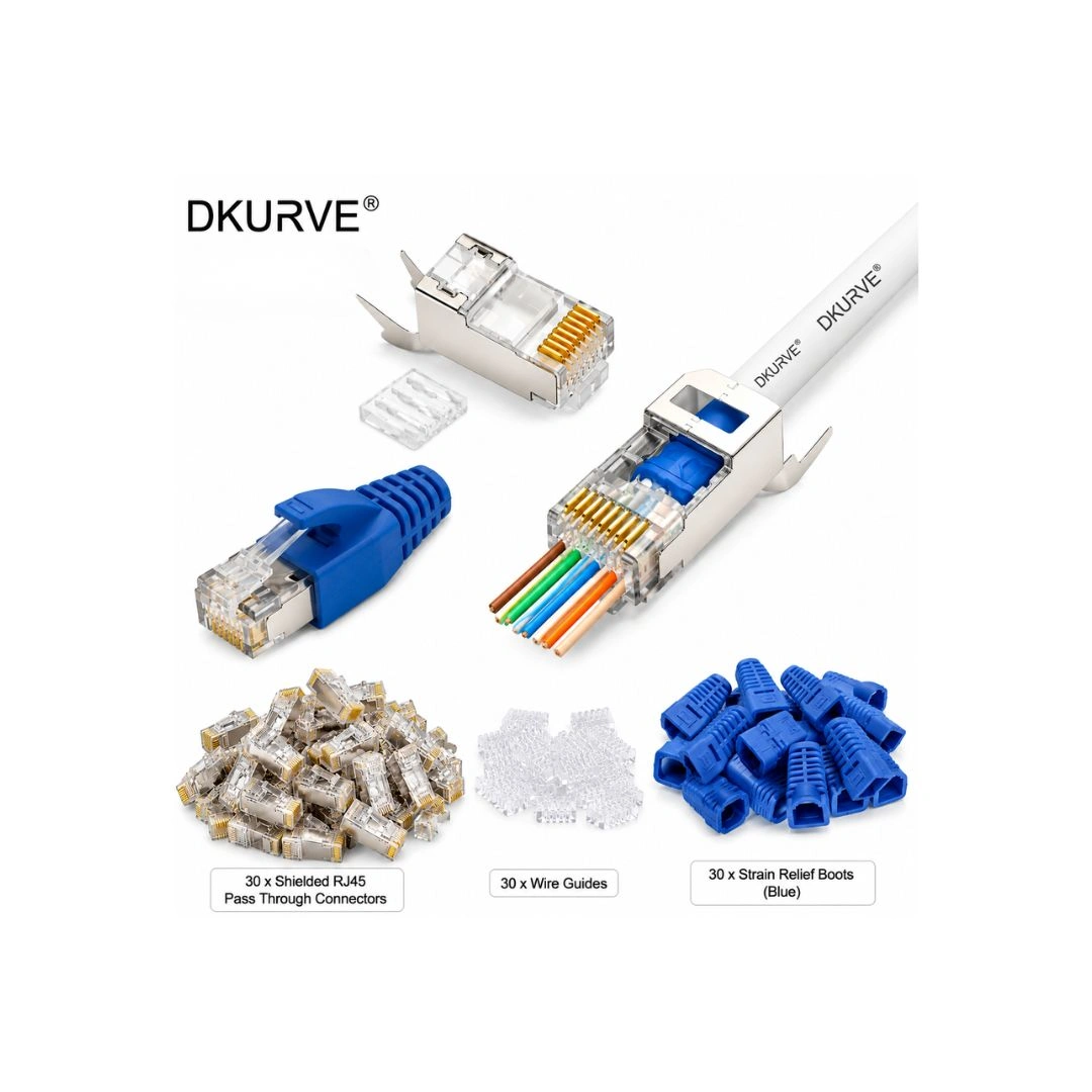 DKURVE Cat7/Cat6A Shielded RJ45 Pass-Through Connectors 30 Pack Blue Boots
