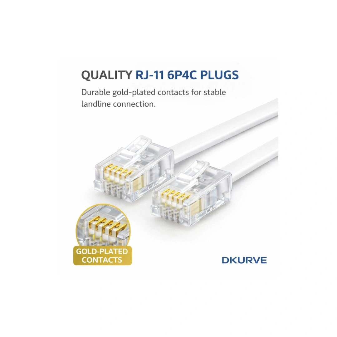 DKURVE RJ11 6P4C Telephone Cable Extension Cord – Handmade Landline Wire White