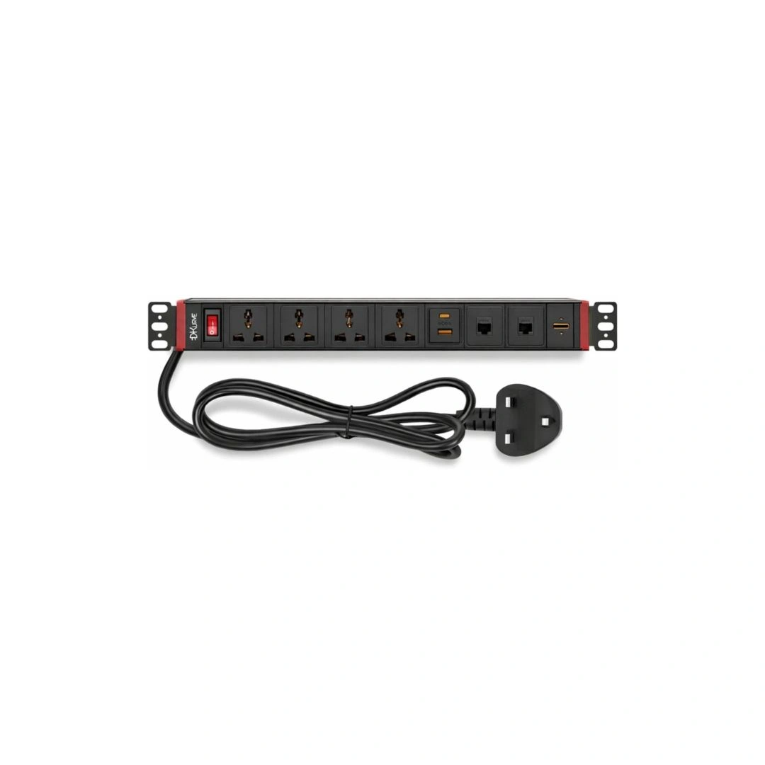 DKURVE® 4-Way Universal 1U Rack PDU with USB-C & HDMI 360° Design, 2m Cable