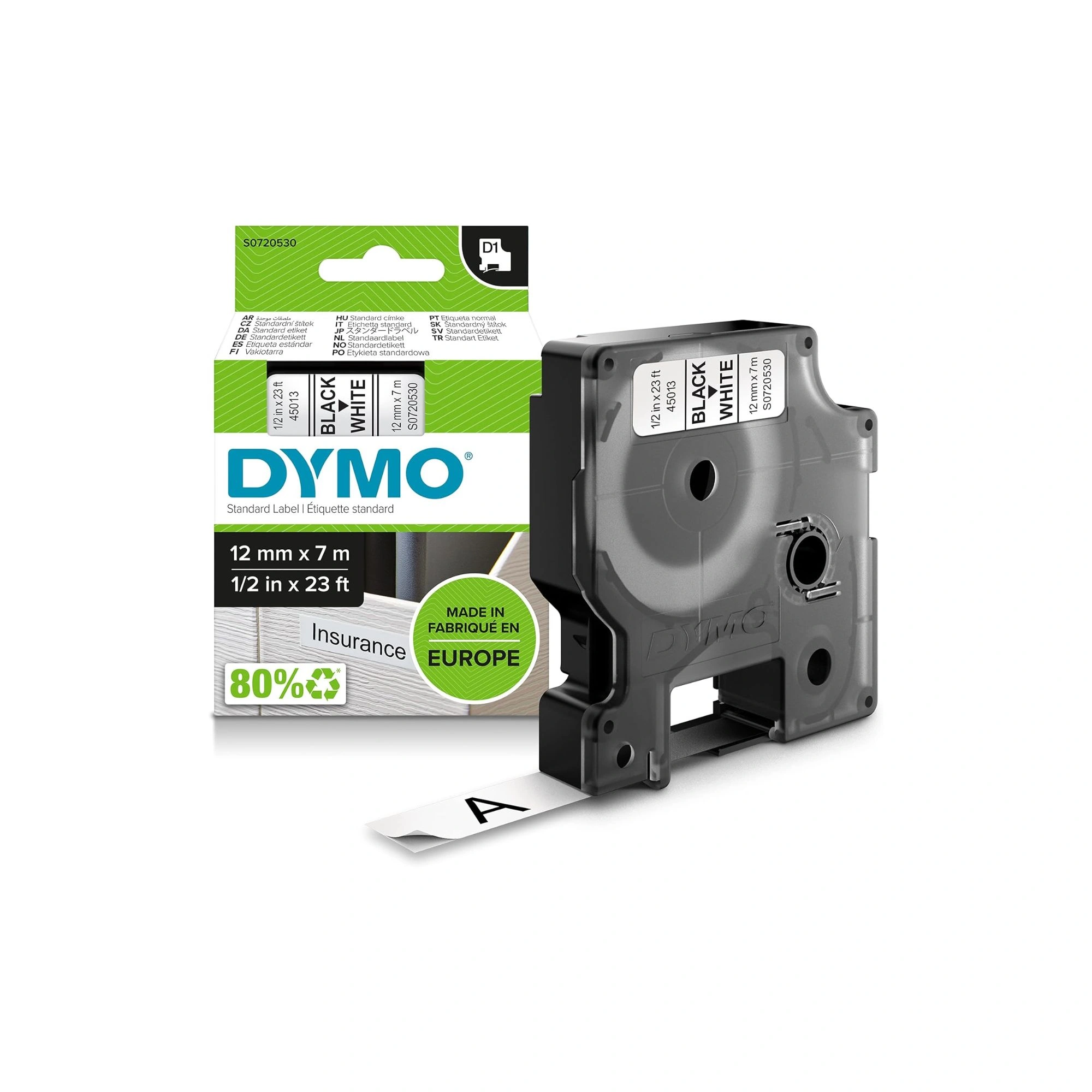 DYMO D1 Label Tape 45013 Black on White 12mm x 7m (S0720530)