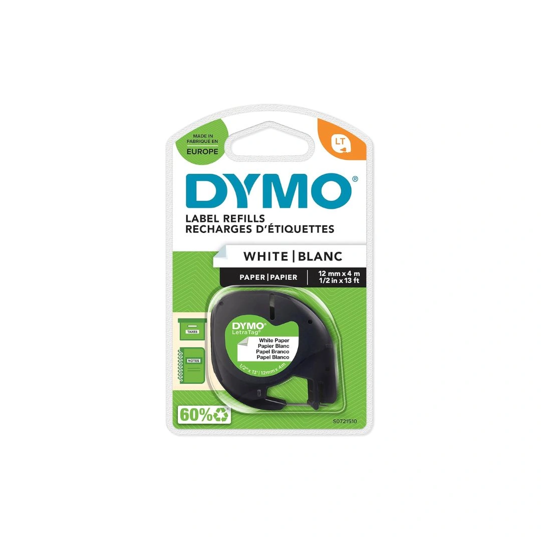 DYMO LetraTag Label Tape 12mm x 4m – Black on White Paper, S0721510