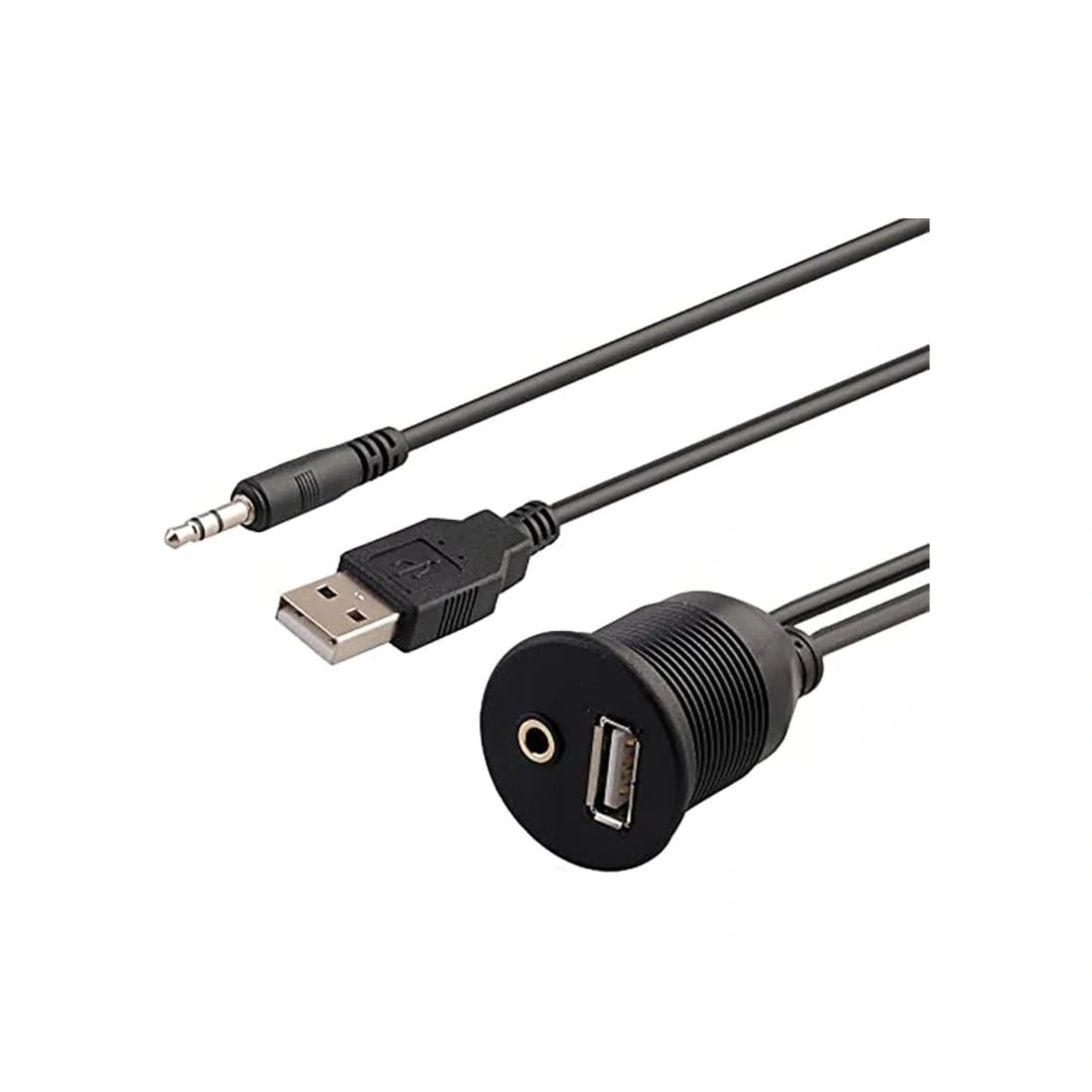 DKURVE USB 2.0 & 3.5mm AUX Flush Mount Extension Cable 1M – Dashboard Panel Mount USB and Audio Extension for Car, Boat, Yacht, Motorcycle, RV & Truck