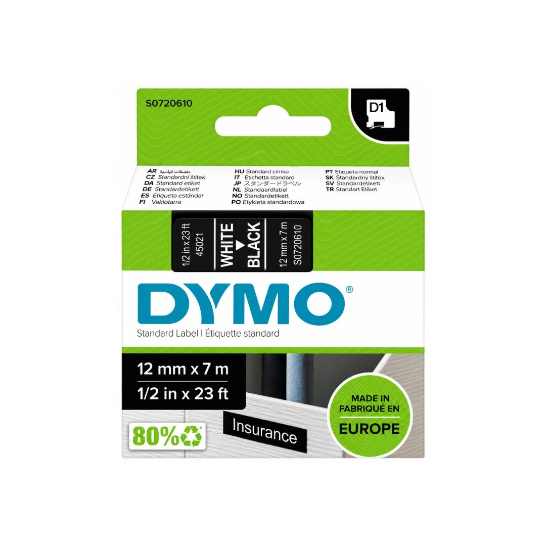 DYMO D1 Label Tape 45021 White on Black 12mm x 7m (S0720610)
