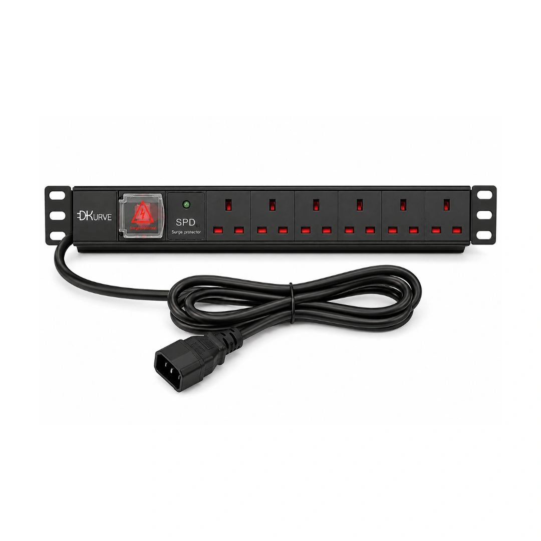 6-Way UK PDU with 5 Meter Cable – IEC C14 Input, 19" 1U Rack Mount | DKURVE®