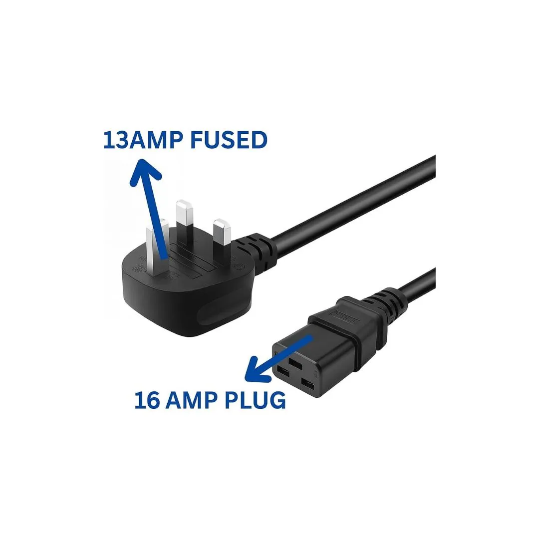 DKURVE® C19 to UK 3-Pin Power Cable – 2.5mm² Full Copper – 16A C19 | 13A UK Plug