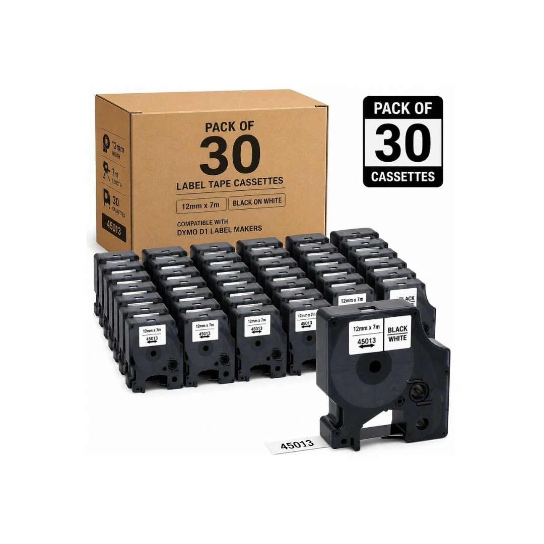 Pack of 30 – Compatible Label Tape for DYMO 45013 – 12mm × 7m Black on White
