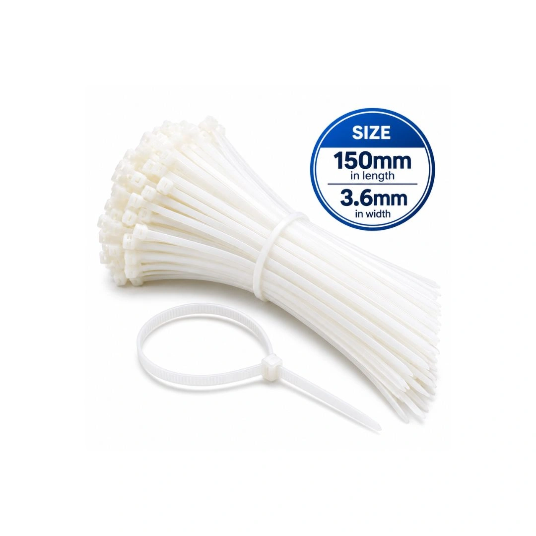 Cable Tie White 150mm x 3.6mm – Pack of 100 | Nylon Self-Locking Zip Ties