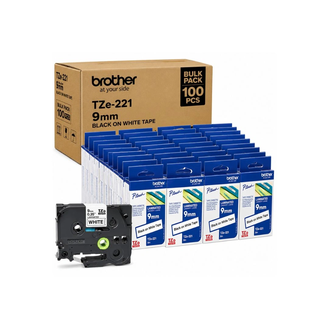 Brother TZe-221 9mm Black on White Label Tape | Pack of 100