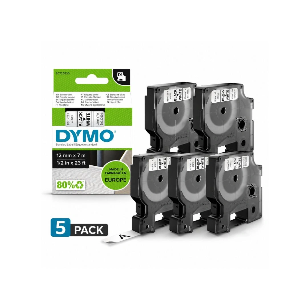 DYMO Pack of 5 D1 Labels 12mm x 7m Black on White – Self-Adhesive Tape for LabelManager Printers (45013 / S0720530)