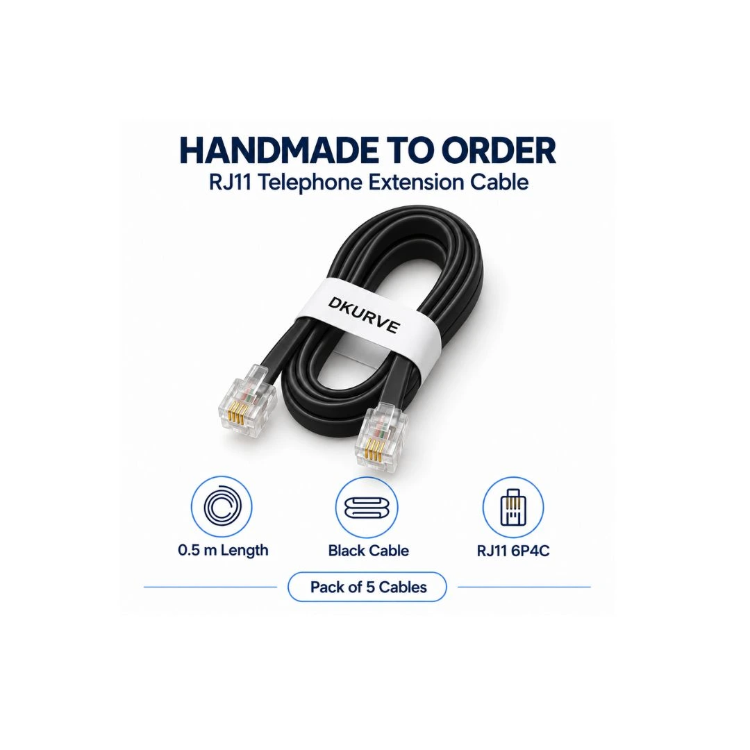 DKURVE Handmade RJ11 Telephone Extension Cable 0.5 m – 6P4C Male-to-Male Landline Cord, Pack of 5