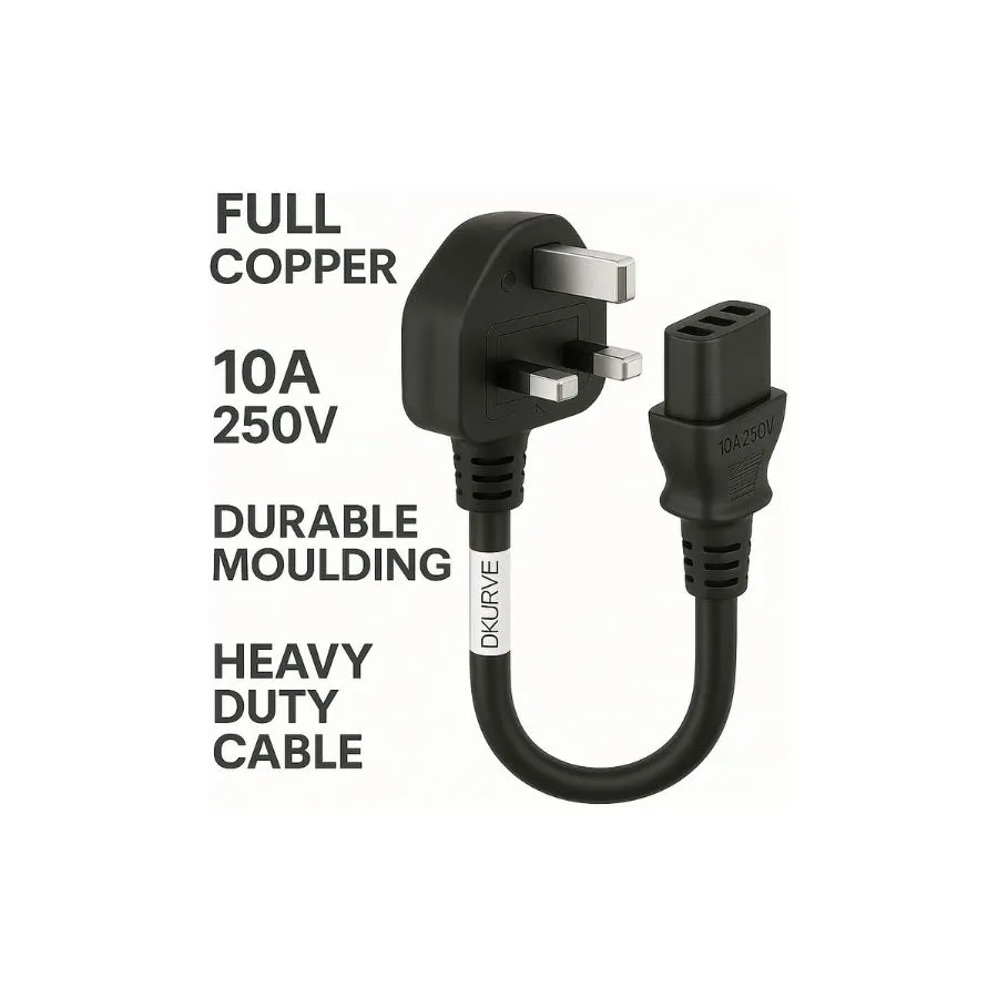 DKURVE® Desktop Power Cable Kettle Lead – UK Plug to C13 | 250V 13A Heavy-Duty Cord (1.8m / 3m / 5m / 10m)
