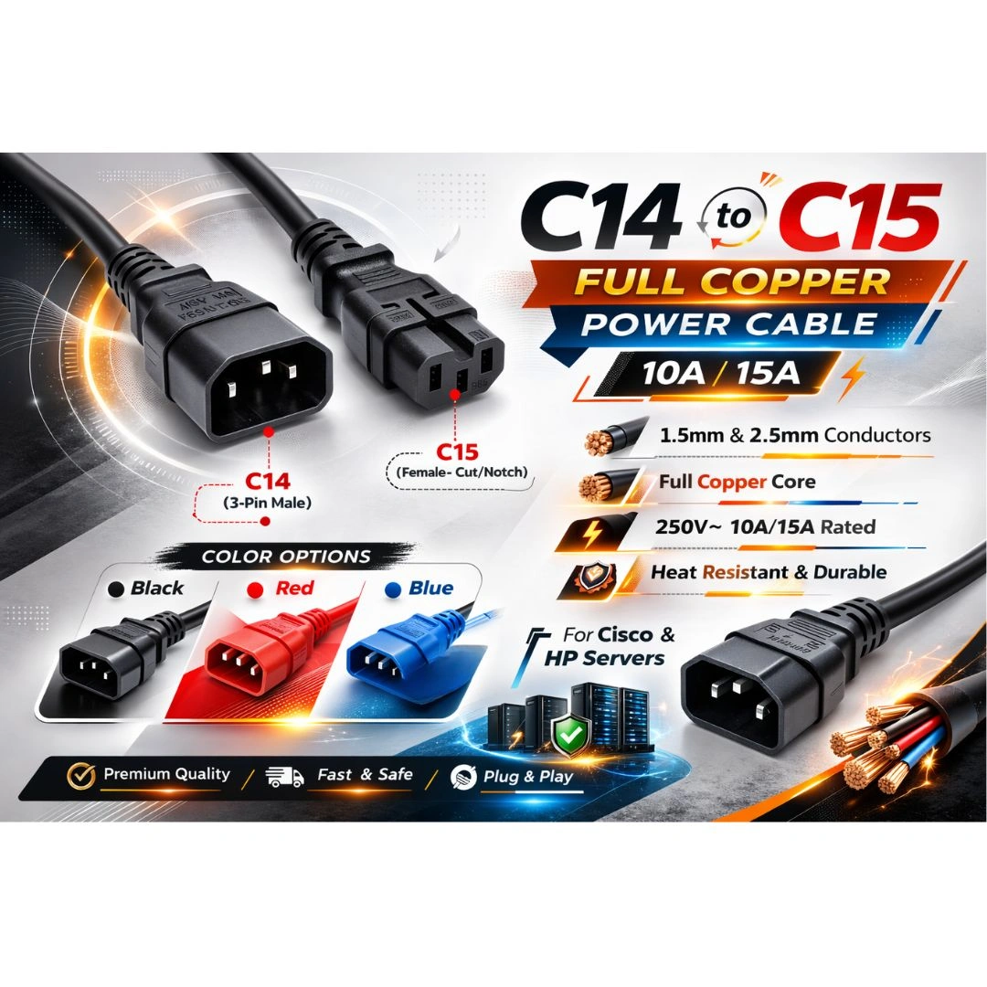 C14 to C15 Power Cable – Full Copper 10A & 15A (1.5mm² / 2.5mm²) Black, Red & Blue | Heavy Duty Server Power Cord