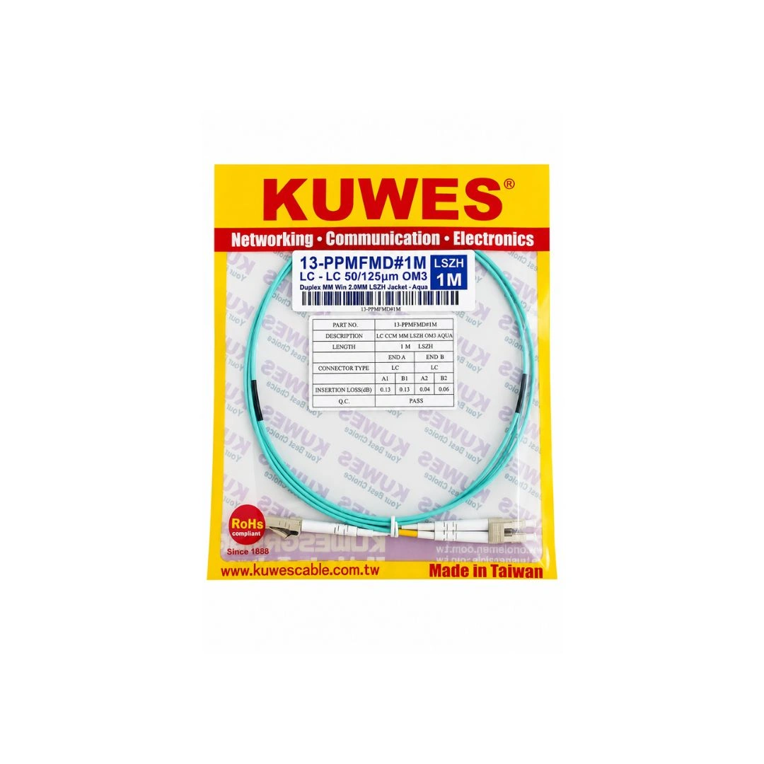 KUWES LC–LC OM3 Duplex Fiber Patch Cord 1M – 50/125µm LSZH