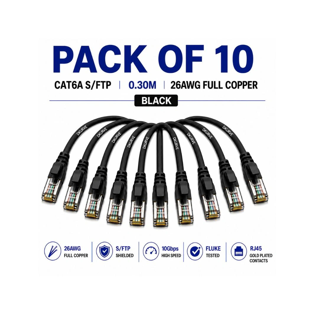 CAT6A S/FTP Shielded Patch Cord 0.30m – 26AWG Full Copper, Fluke Tested, Pack of 10 – Grey / Black