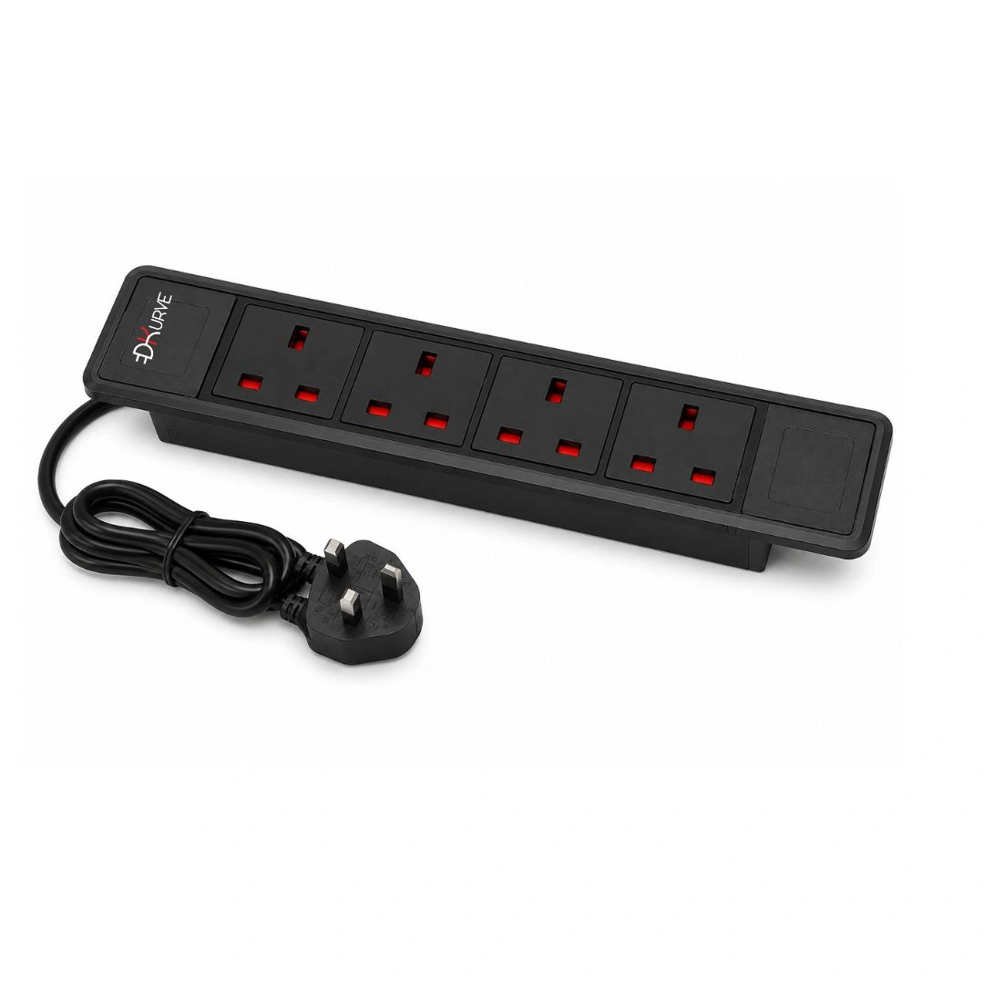 DKURVE Conference Table Power Socket Box with 4 UK Power Outlets – Flush Mount 4-Gang Desk Power Module for Meeting Rooms, Boardrooms & Office Workstations