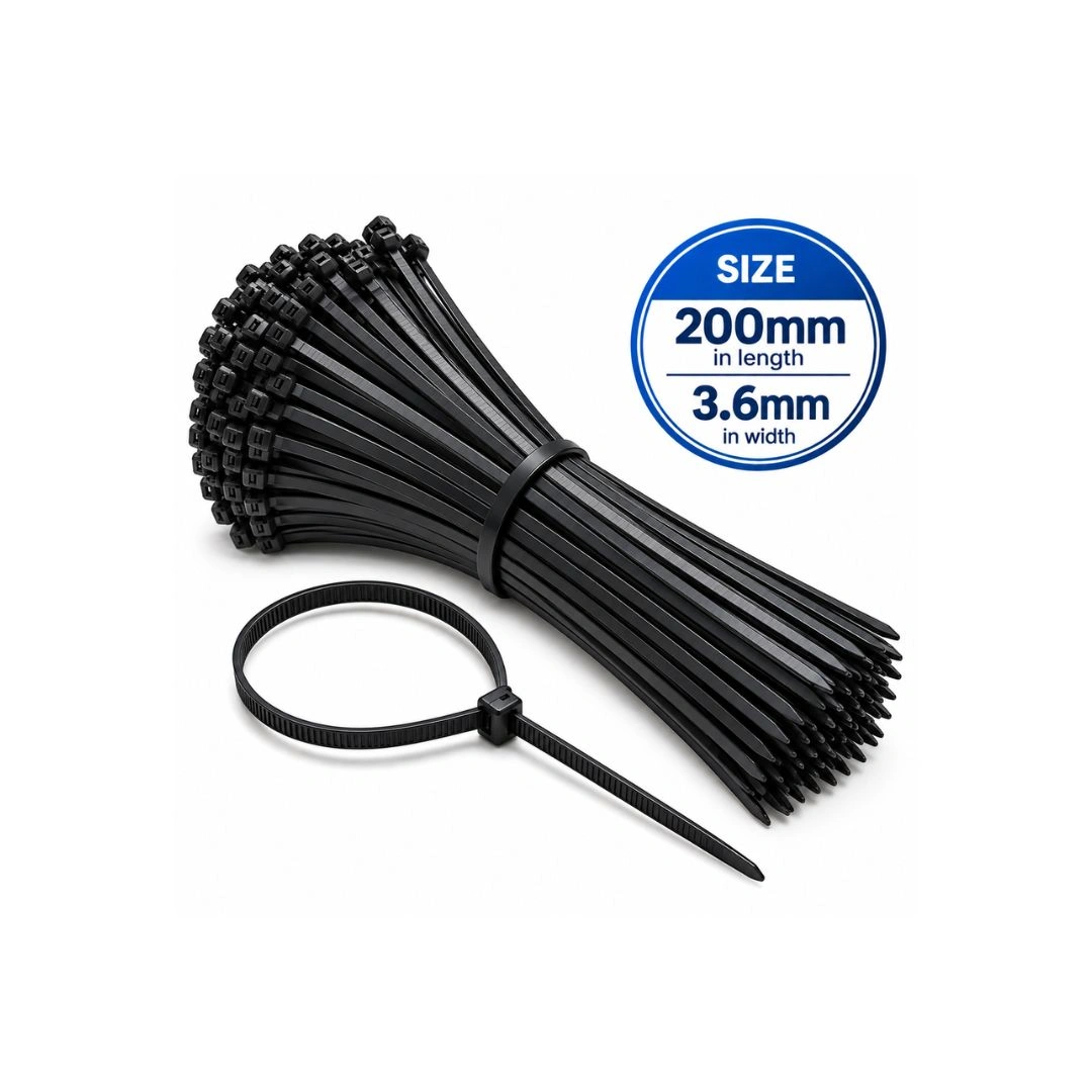 Cable Tie Black 200mm x 3.6mm – Pack of 100 | Nylon Self-Locking Zip Ties