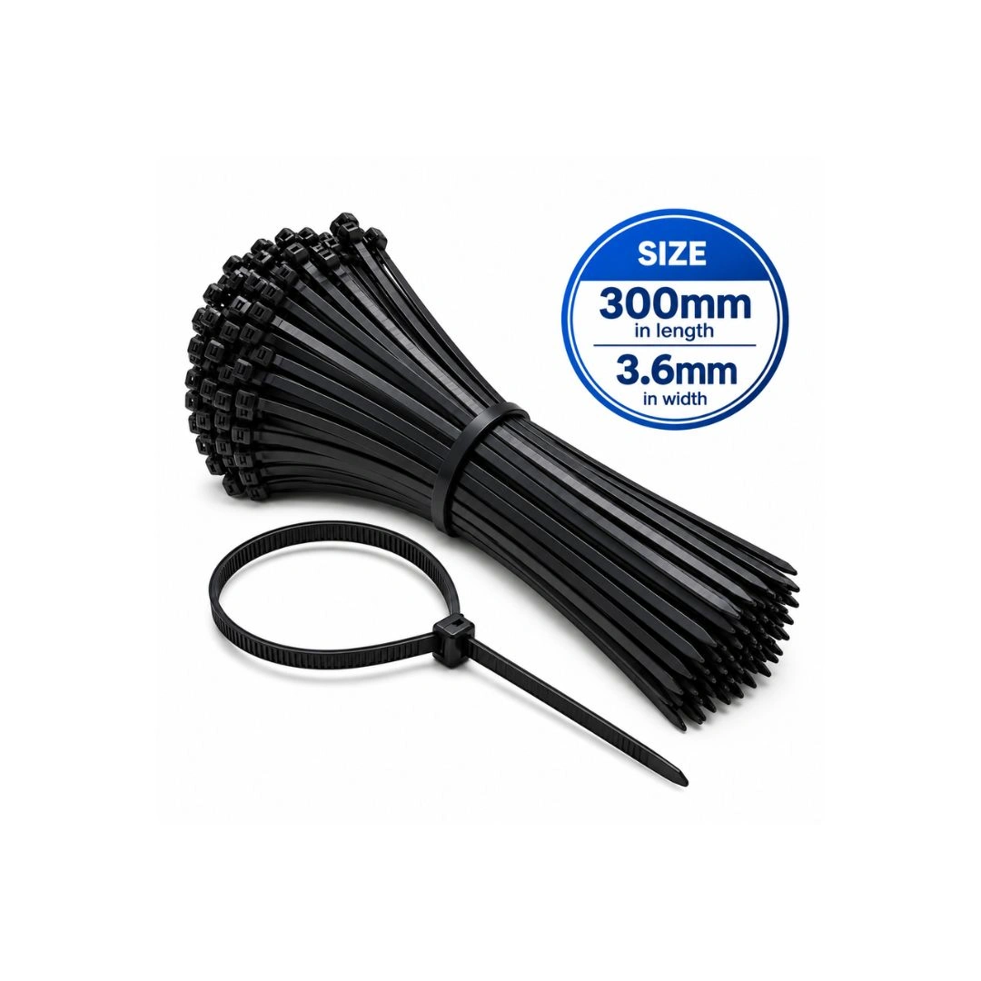 Cable Tie Black 300mm x 3.6mm – Pack of 100 | Nylon Self-Locking Zip Ties