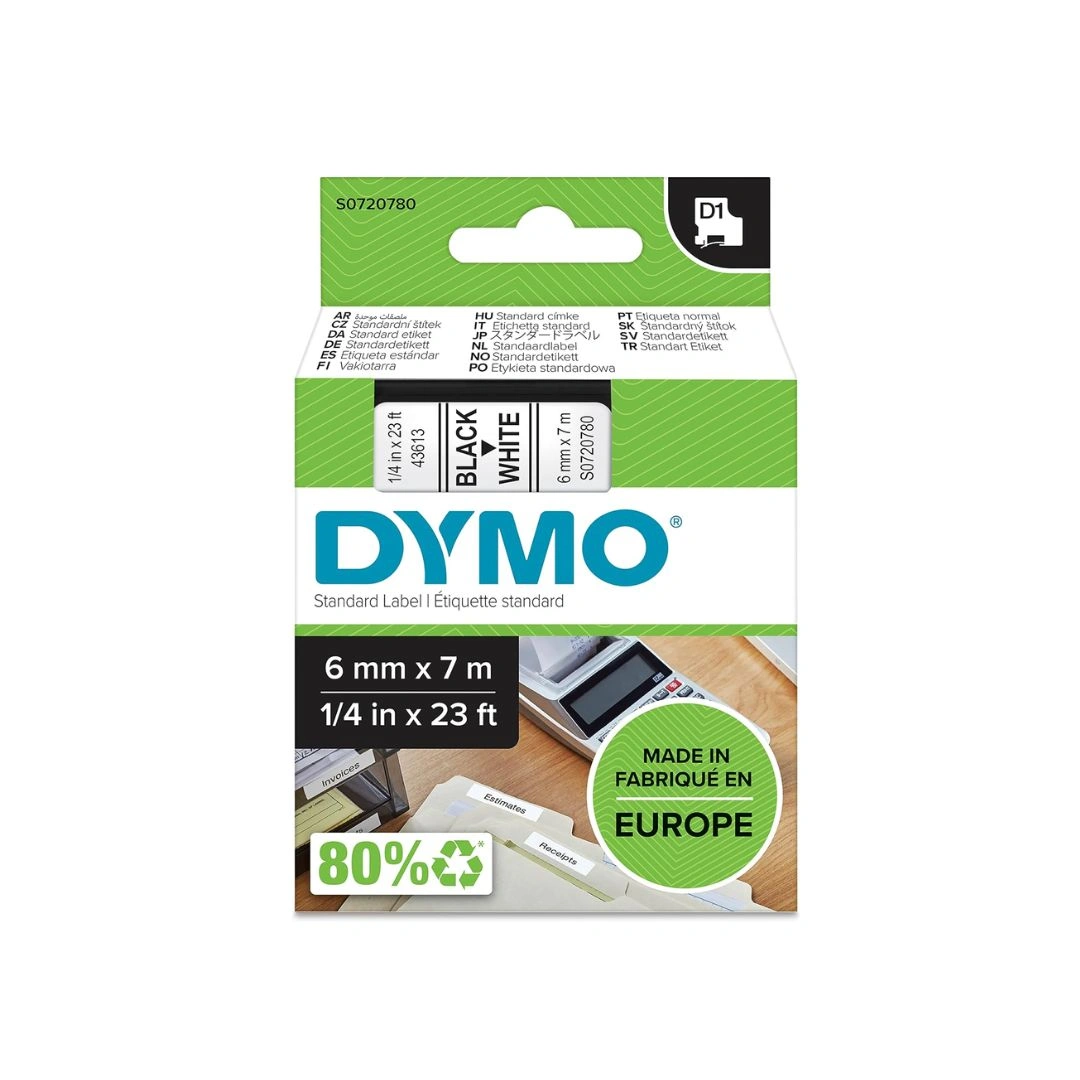 DYMO D1 43613 Label Tape Black on White 6mm x 7m